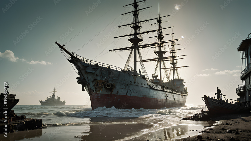 AI image generate damaged battleship AI image generate damaged battleship