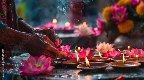 A pair of hands carefully arranging fresh lotus flowers as offerings on a temple altar, with flickering candles and burning incense, symbolizing devotion and reverence to the Buddha and his teachings photo