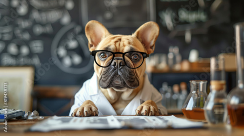 French Bulldog in a lab coat and glasses, sitting at a desk with scientific equipment photo