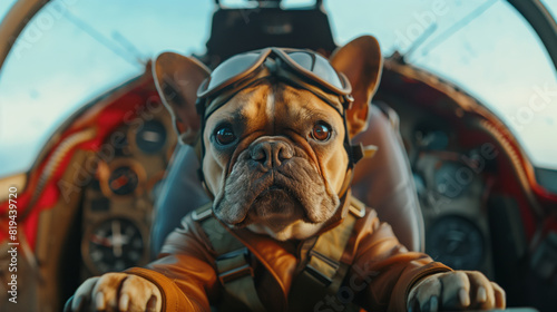 French Bulldog wearing a pilot's uniform, sitting in an airplane cockpit photo