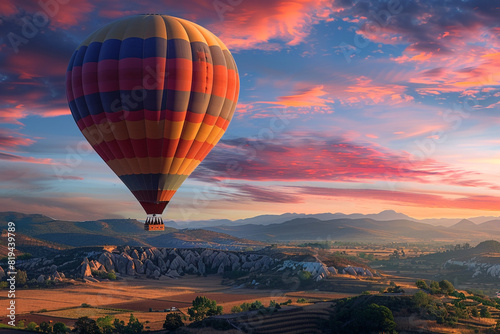 A hot air balloon floating over a scenic landscape at sunrise, with vibrant colors filling the sky.