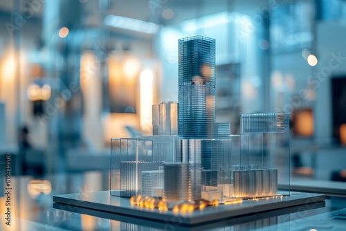 An architectural model of a modern skyscraper  made of glass and steel  on display in an architects office