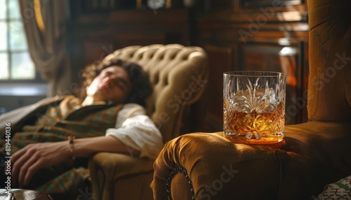 An elegant glass of whiskey sitting on a table next to a disheveled person sleeping in a chair