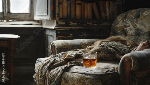 An elegant glass of whiskey sitting on a table next to a disheveled person sleeping in a chair photo