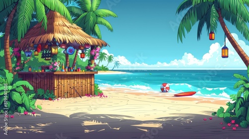 Tropical Beach Scene with Tiki Bar, Palm Trees, and Kayak: A Serene Island Paradise Captured in Relaxing Coastal Artwork © Ross