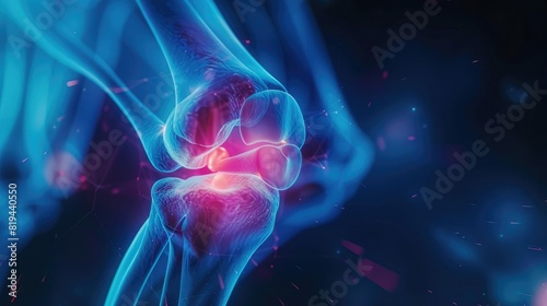 close up of knee joint pain, medical xray background with blue color and glowing red on the space around joint area ,