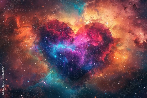 Abstract heart-shaped galaxy with colorful nebula and space background. Love concept for Valentine's Day card, poster or banner design