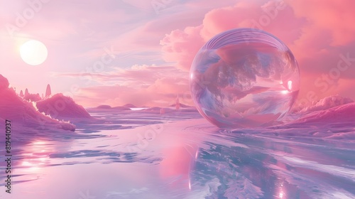 A sphere made of water floating in surreal digital pink landscape.
