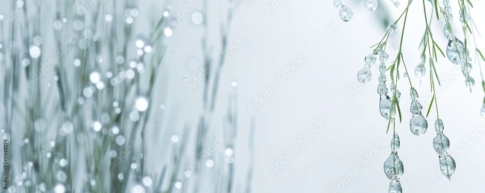 Delicate grass with dewdrops and blurred background creates a serene and refreshing nature scene, perfect for relaxation and tranquility themes.