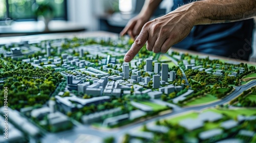 Architectural scale model of a city on a table in an office with an architect touching it and pointing at details, greenery around the urban center, photorealistic landscapes depicted