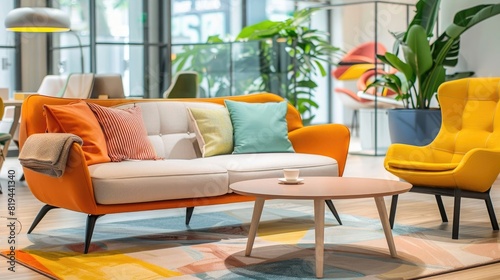 Colorful sofa and armchair in a modern office or hotel lounge area with a coffee table, a pastel colored home interior design of a work space at a business center, © Khalif