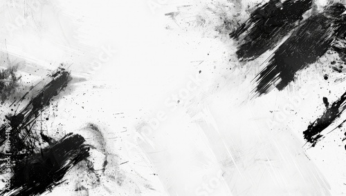Abstract white background with grunge brush strokes and black ink borders  space for text or design.