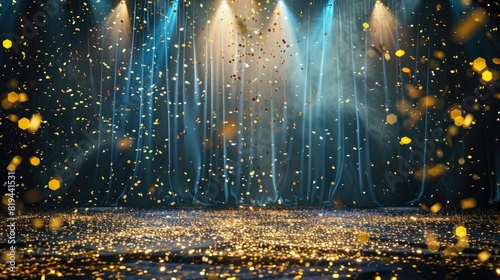 An elegant stage background with blue and gold lights, golden confetti falling on the dark stage behind the curtain. photo