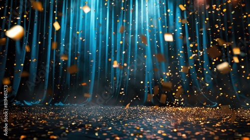 An elegant stage background with blue and gold lights, golden confetti falling on the dark stage behind the curtain. photo