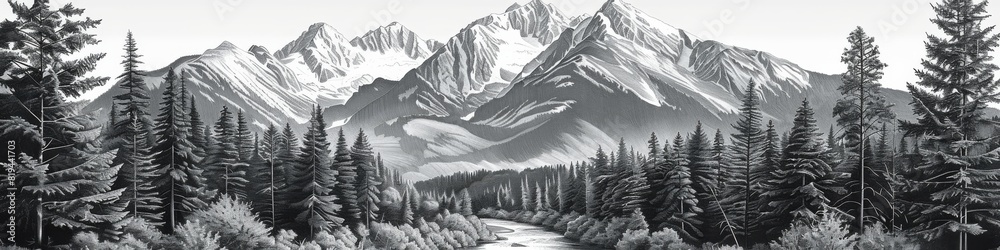 Black and white pencil sketch of a majestic mountain landscape with tall coniferous trees, a flowing river, and fluffy clouded sky