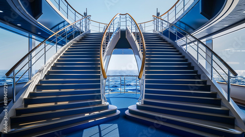 Ocean views from an upper deck, where a luxury cruise ship's marine blue bifurcated staircase is seen.