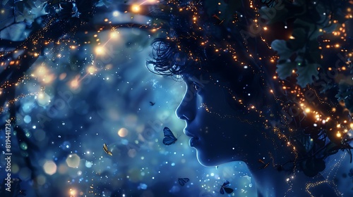 Boy's profile merging with a magical forest, filled with glowing fairy lights and mythical creatures