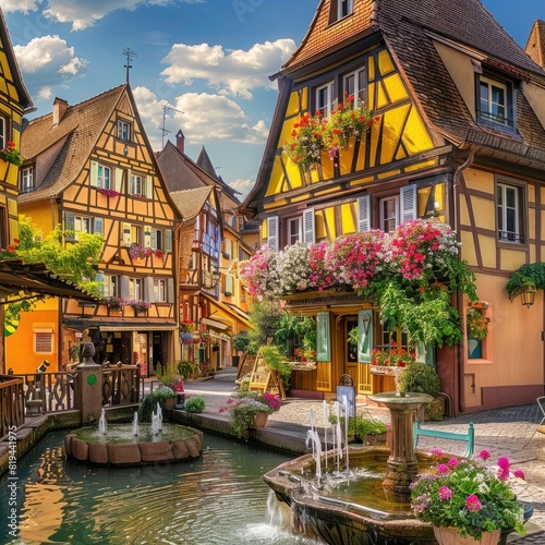 Colorful halftimbered houses in the city of Colmar, France with flower shop and fountain on sunny day. travel concept. , real photo photo