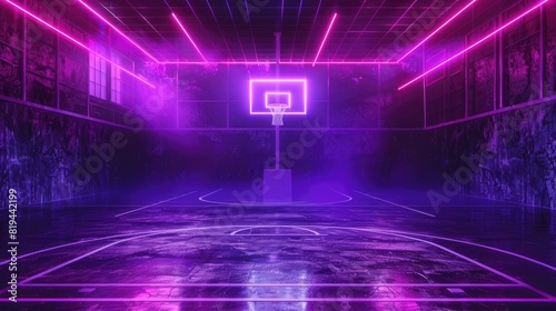 basketball court background with neon purple lights, basketball hoop in the center of picture, dark theme, high resolution, hyper realistic, detailed, © sania