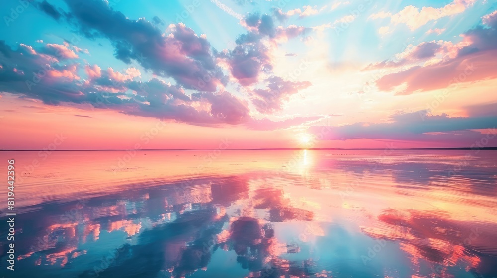 Beautiful colorful sunset with clouds and water reflection on lake or sea surface. Vibrant nature landscape with pink, blue sky at summer evening