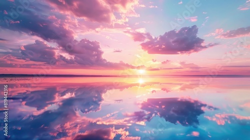 Beautiful colorful sunset with clouds and water reflection on lake or sea surface. Vibrant nature landscape with pink, blue sky at summer evening