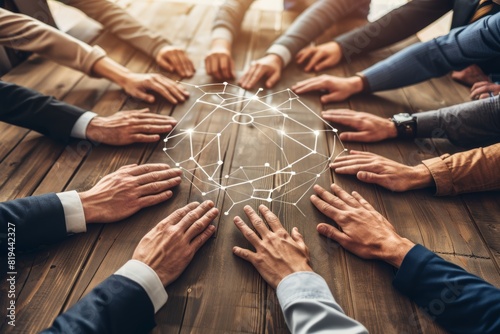 Diverse group of professionals collaborating around a connected modern network symbol, representing teamwork and unity in business.