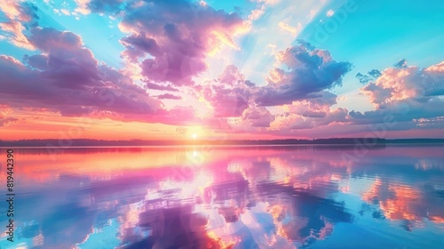 Beautiful colorful sunset with dramatic clouds over the lake, sky reflection in water, pink and blue colors, summer landscape