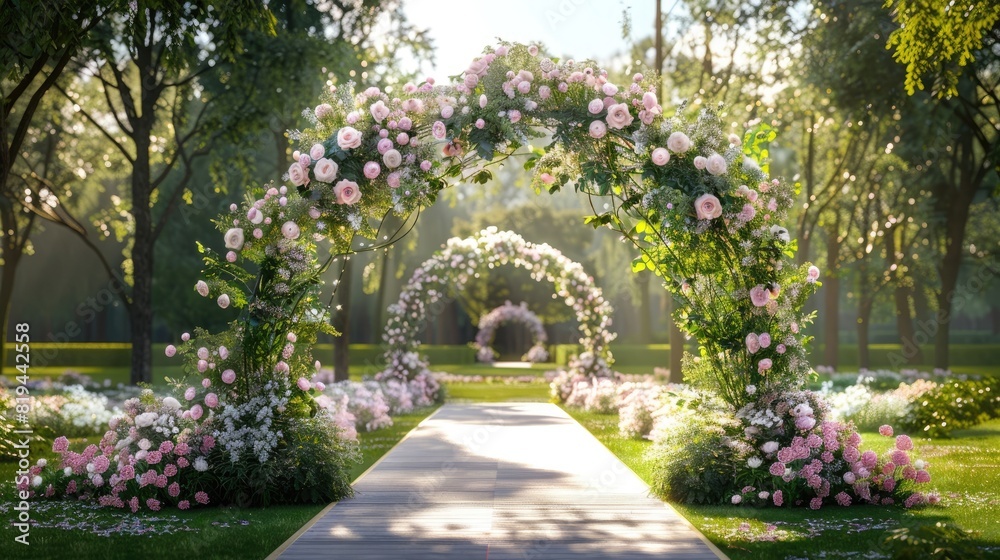 Beautiful floral arch with pink and white flowers on the background of an open area in palace park, 
