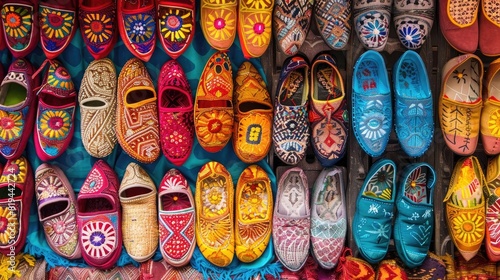 Colorful traditional Moroccan slippers for women on display in the market, top view. photo
