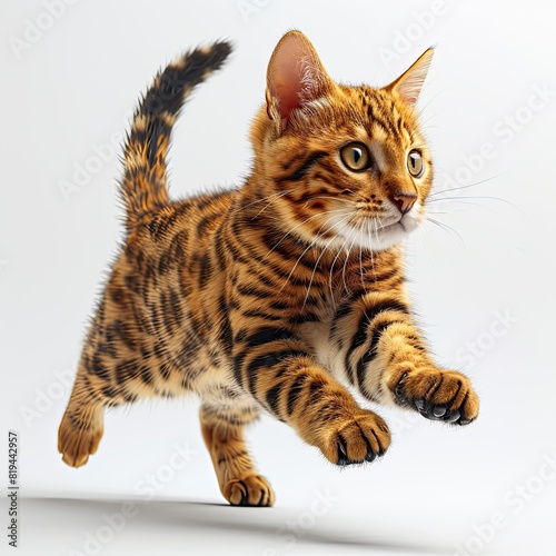 orange and black spotted cat about to jump. Side view. White background. Ultra-realistic  cinematic  incredibly detailed and intricate
