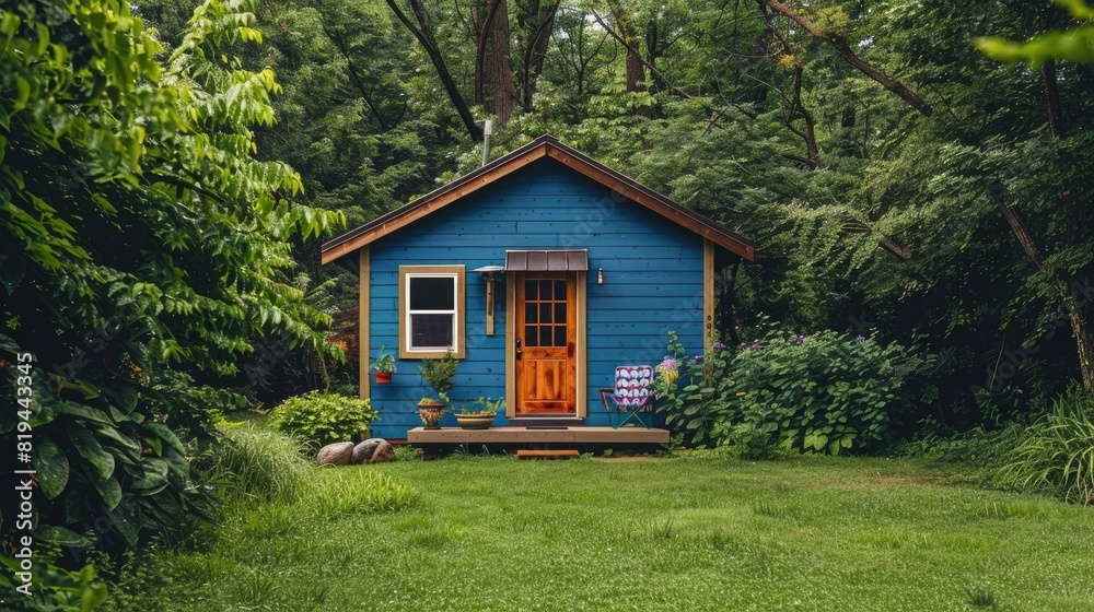 Beautiful tiny house with blue exterior walls and a wooden door, sitting in a lush green backyard surrounded by trees. A small front porch with a colorful chair. Shot