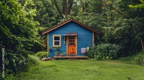 Beautiful tiny house with blue exterior walls and a wooden door  sitting in a lush green backyard surrounded by trees. A small front porch with a colorful chair. Shot