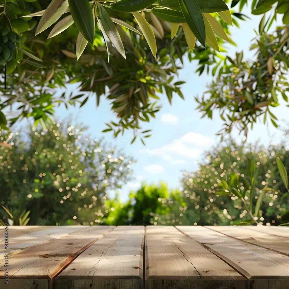Luxurious Olive Tree Plant Product Placement on a Stylish Wooden Table in a Vibrant Tropical Outdoor Setting Luxurious Olive Tree Plant Product Placement on a Stylish Wooden Table in a Vibrant Tropical Outdoor Setting