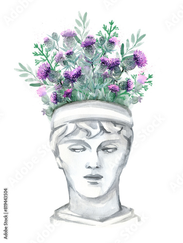 Plaster head-vase with a bouquet of thistles, watercolor drawing. Watercolor head made of plaster, sculpture on a white background