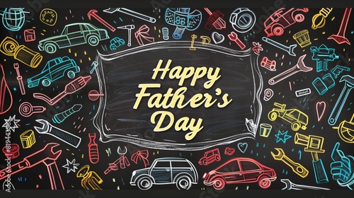 A black chalkboard with  Happy Father s Day  written in a 3D  chalk-textured effect  with a frame of colorful chalk drawings of tools  cars  and other masculine-themed icons