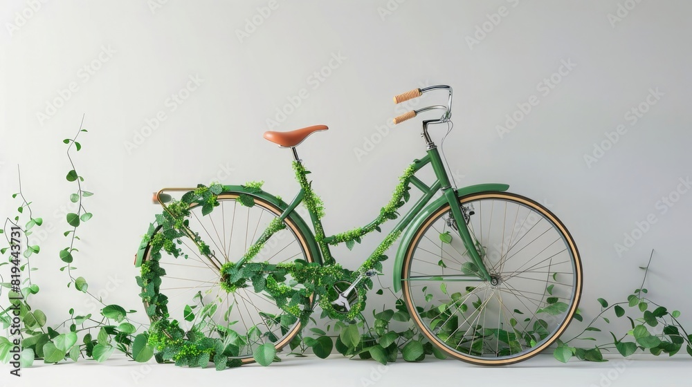 Green retro bicycle with green plants on white background, eco concept. ,3d rendering illustration, wide angle lens,