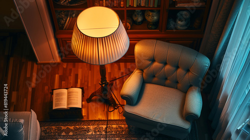 Overhead view in a living room, spotlighting an Italian floor lamp and its effect on the setting.