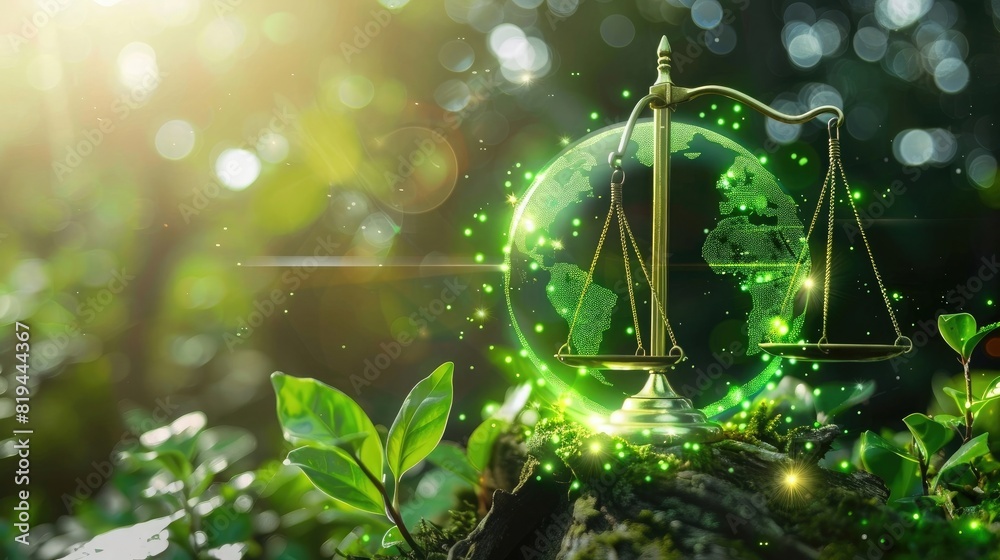 Green planet earth on the table with scale of justice and green icons for environment protection, sustainability business law concept. . double exposure effect