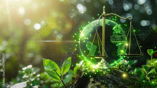 Green planet earth on the table with scale of justice and green icons for environment protection, sustainability business law concept. . double exposure effect