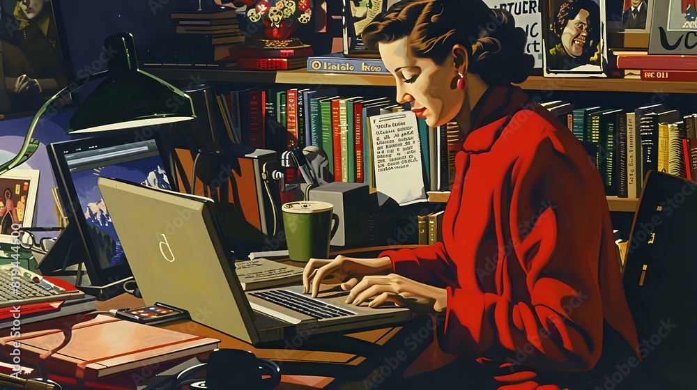 Captivating Blogger Illustration: Woman at Laptop with Social Media Notifications