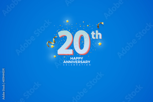 Ann-- - Blue20th Anniversary celebration, 20 Anniversary celebration in Blue BG, stars, festive illustration, glitters and ribbons, white number 20 sparkling confetti, 20,21 photo