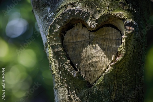 heart shaped hole in tree trunk, green background, focus on the heart shape of wood carving, nature photography, detailed,