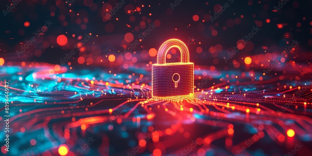 Futuristic padlock icon surrounded by glowing data streams, digital ...