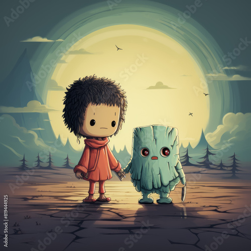 In the image, a boy and a monster are standing side by side with a full moon in the background. The scene is depicted in a cartoon style, exuding happiness and artistic fictional charm