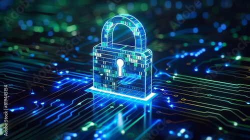 Abstract lock icon with binary code, network security, PNG style, High contrast, Blue and green