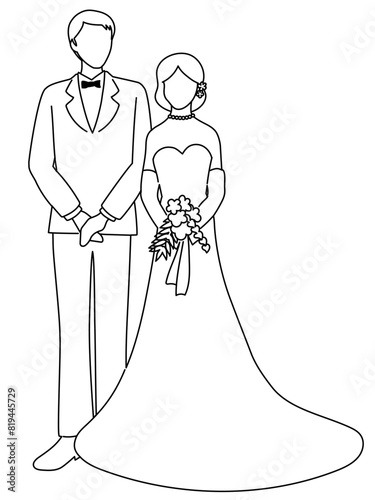 正面を向いた花嫁と花婿の全身の線画のベクターイラストレーション
