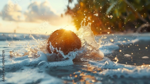 Capture the joy of cracking open a fresh coconut on a secluded beach photo