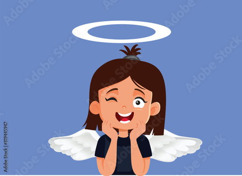 innocent Angelic Girl Day Dreaming Vector Cartoon. Cute and adorable toddler winking behaving nicely 
