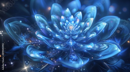 Amidst the digital expanse, a celestial dance unfoldsa blue glowing flower fractal emerges, its petals adorned with luminescent hues. photo