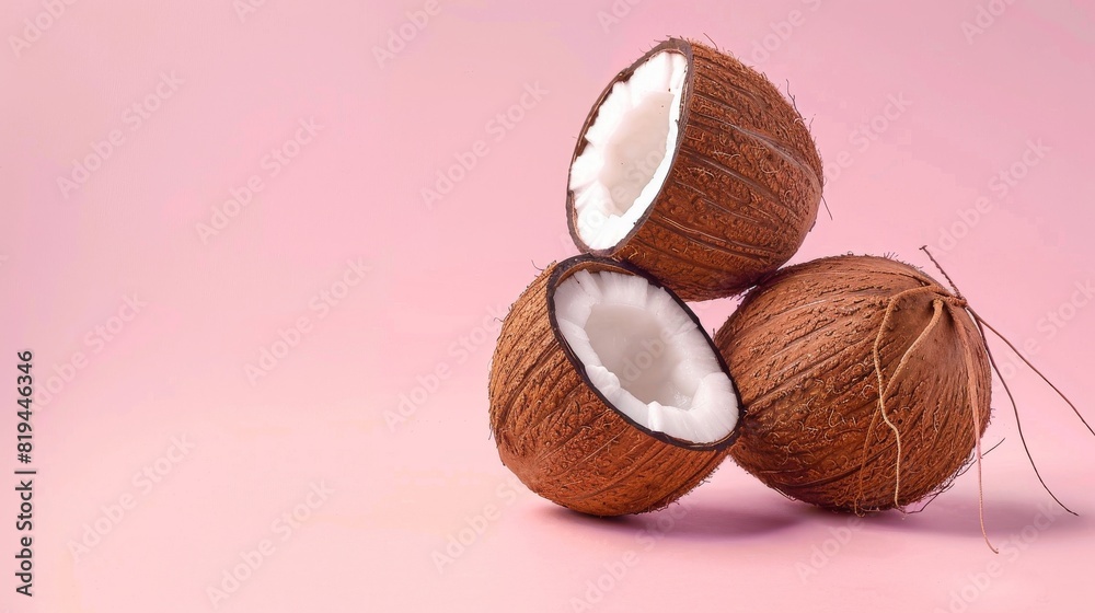 Coconuts, a photorealistic illustration against pastel pink background with copy space for text or logo, beautifully illuminated by studio lighting, flat lighting